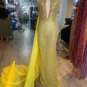 Custom Made Elegant Yellow Sequin Evening Gown